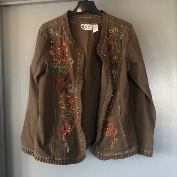 Keren Hart Green Khaki embellished Long Sleeve Jacket sz Large Studs Ruffles - Picture 1 of 6